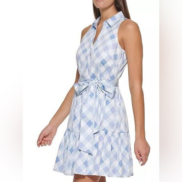Tommy Hilfiger Gingham-Print Belted Navy Blue and White Sleeveless Dress, Size 4 - Picture 4 of 7